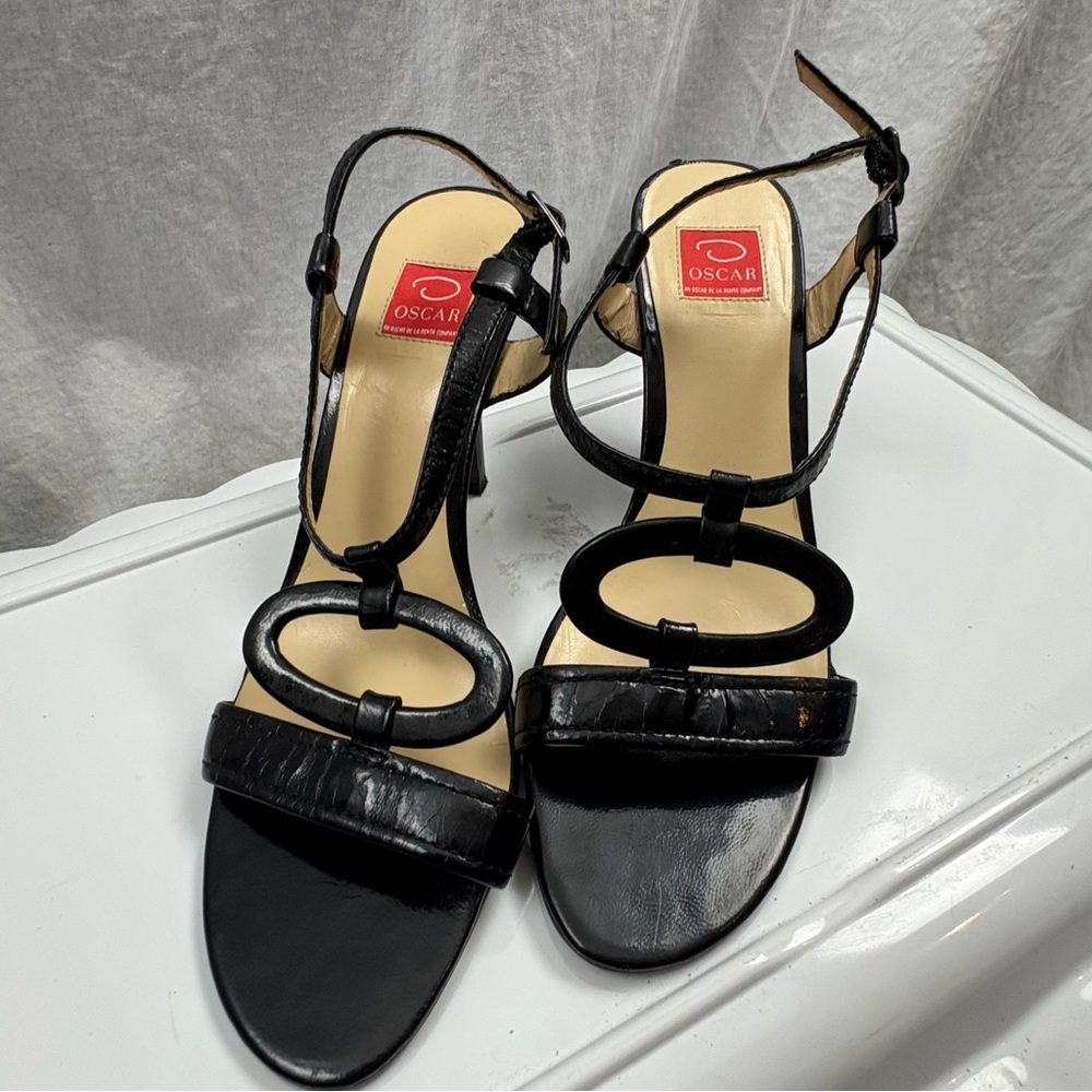 Oscar de la Renta Vintage Red Label Black Patent Leather Strappy Sandal Heels 9 - Picture 2 of 9